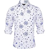DiBanGu Mens Christmas Dress Shirts,Casual Xmas Long Sleeve Button Down Shirt for Men Holiday Festive Shirt Vacation Party, White&Blue Snowflake Xmas, X-Large