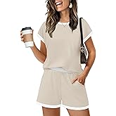 WIHOLL Two Piece Sets for Women Summer Lounge Short Sets Cap Sleeve Crew Neck Sweatsuit with Pocket XS-2XL