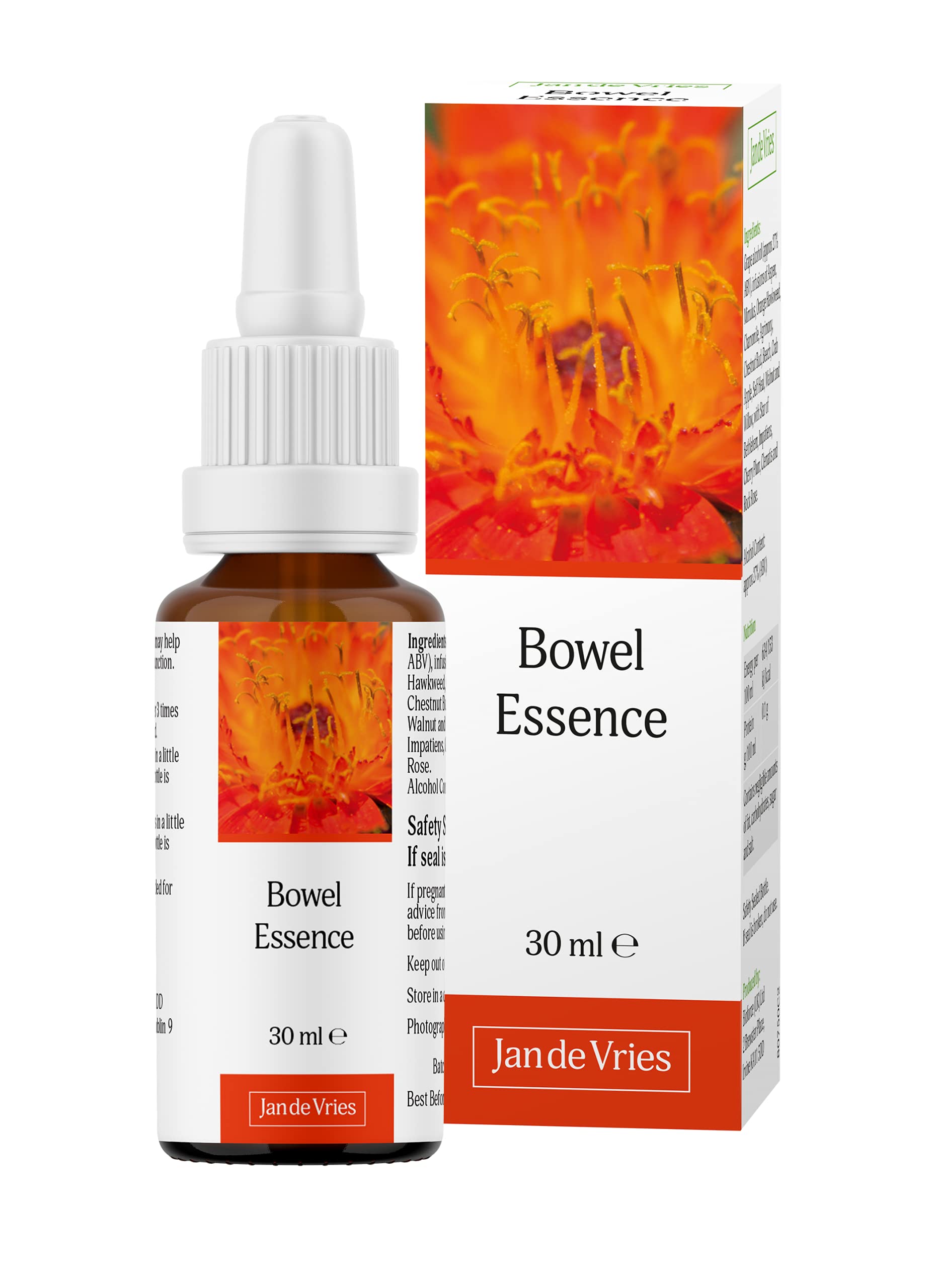 Jan De Vries Bowel Essence | Flower Essence | Used by People who Experience a Knotted, Churning Feeling when Nervous | Contains Aspen, Chamomile & Agrimony | 30ml