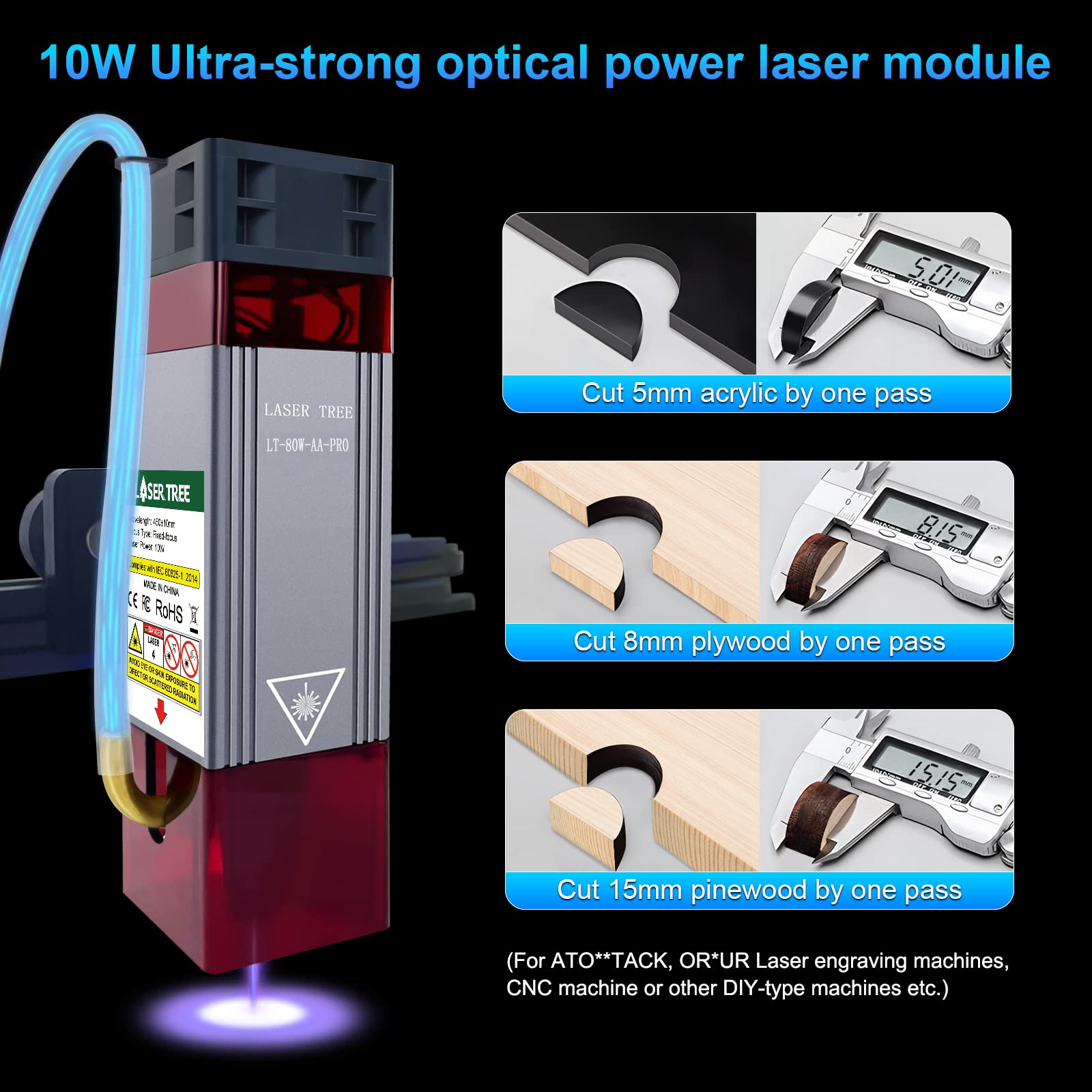 LASER TREE Laser Engraver Module, 10W (10000mW) Optical Power Laser Engraver Module w/Air Assist, Built-in FAC, Double Ultra-Fine Compressed Spot Higher Accuracy Laser Head Class 4,24V