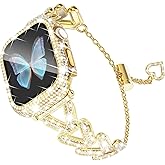 WINGLE Compatible for Gold Apple Watch Band Women 44mm SE 3/2/1 Series 6 5 4 with Diamond Screen Protector Case, Luxury Sparkle Rhinestone Crystal Bling Metal Band Designer Chain Bracelet 44 mm