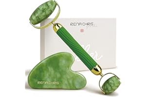 Rena Chris Gua Sha and Face Roller Set: Anti-Breakage Jade Roller for Long-Lasting Use, Jawline Sculpting and Puffiness Reducing, Gua Sha Facial Tools for Self Care Gift (Green)