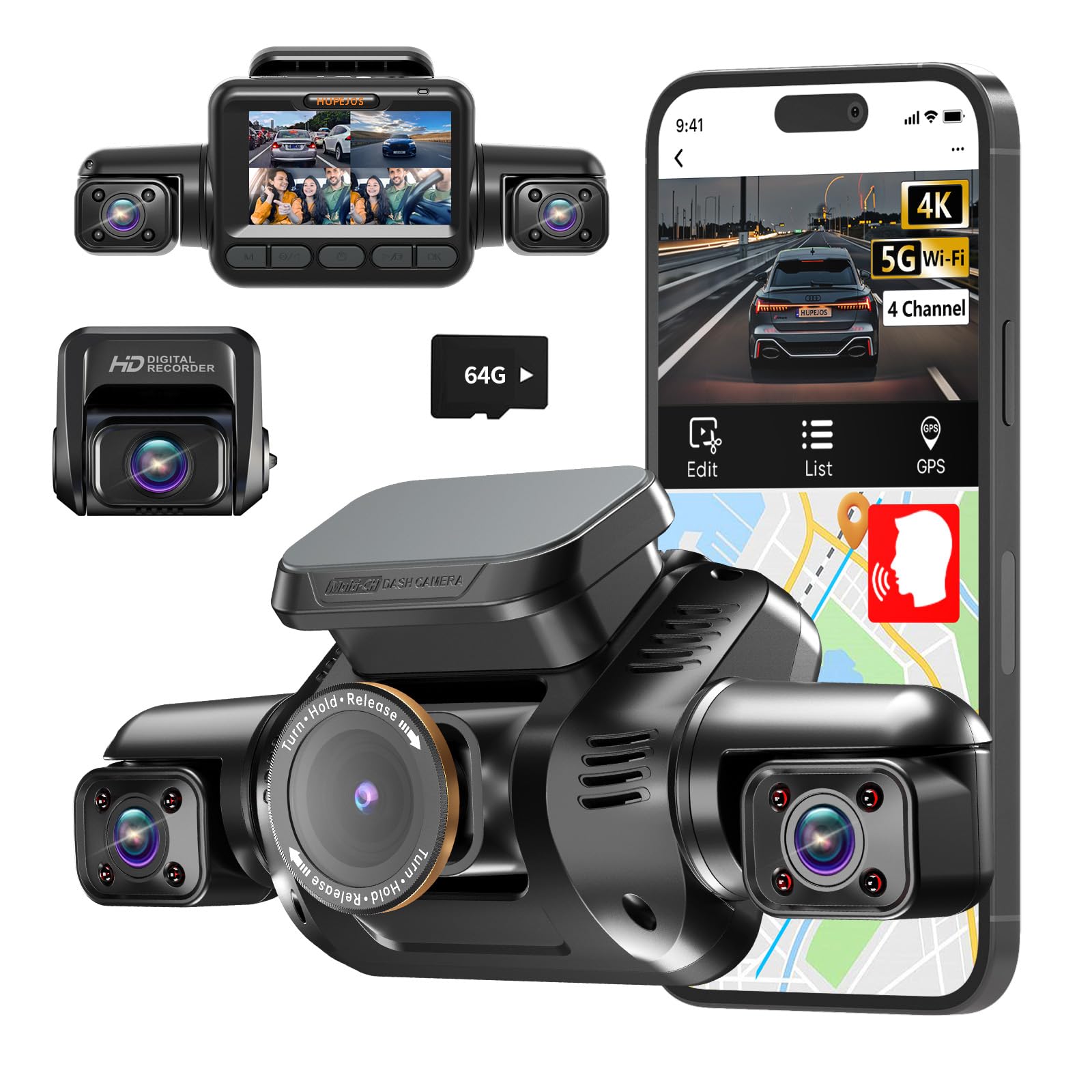 3K Dash Cam 4 Channel, 360° Dashcam Front and Rear Inside, 3K+1080P*3 Dash Cams for Cars, Built-in GPS Car Camera, 5GHz WiFi App Control, Voice Control Dashcam, 64GB SD Card Night Vision, V8Plus