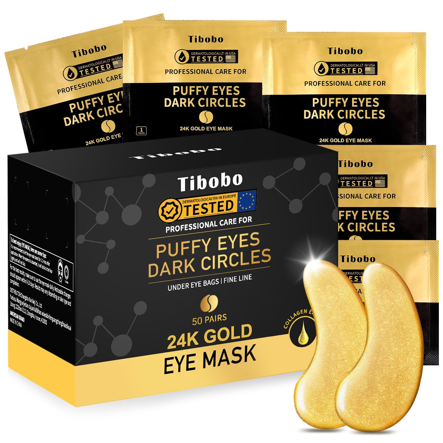 24K Gold Under Eye Patches, 50 Pairs Gel Eye Pads Skincare, Collagen Hyaluronic Acid, Against Dark Circles, Self Care Mask for Bags, Puffiness, Wrinkle Removal, Dermatologically Tested