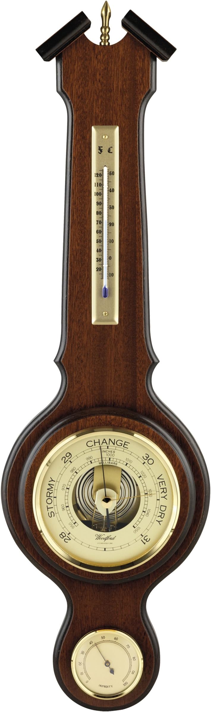 Tall Wall Barometer with Thermometer & Hygrometer, Solid Brass Bezel and Finial