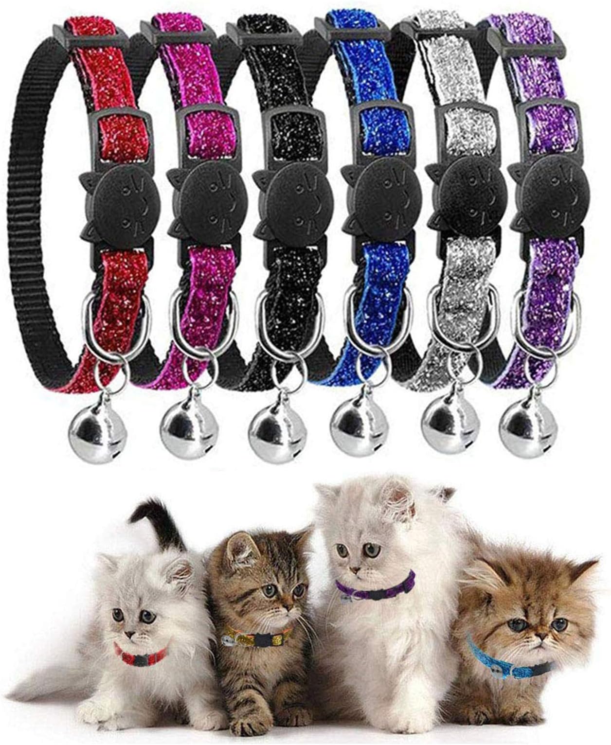 Aidiyapet Adjustable Breakaway Glitter collar Cat Collar with Bell,cat collar reflective Nylon, Mixed Colors, Pet Collar, (6pack)