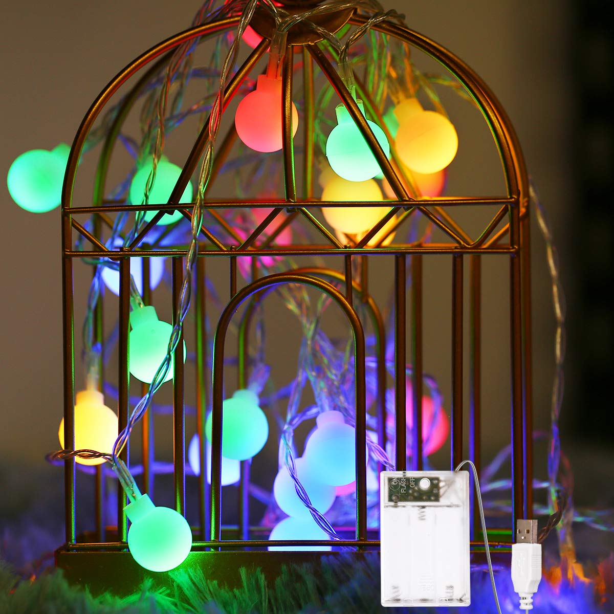 USB Fairy Lights, 2 Lighting Modes, Battery Operated or USB Plug in, 16ft 40LEDs Ball Globe String Light, Decoration for Indoor Lighting Bedroom Patio Garden Wedding Party Christmas (Multi-colour)