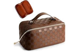 CESSFLE Large Capacity Travel Cosmetic Bag Plaid Checkered Makeup Bag Portable Leather Waterproof Skincare Bag with Handle and Divider for Women