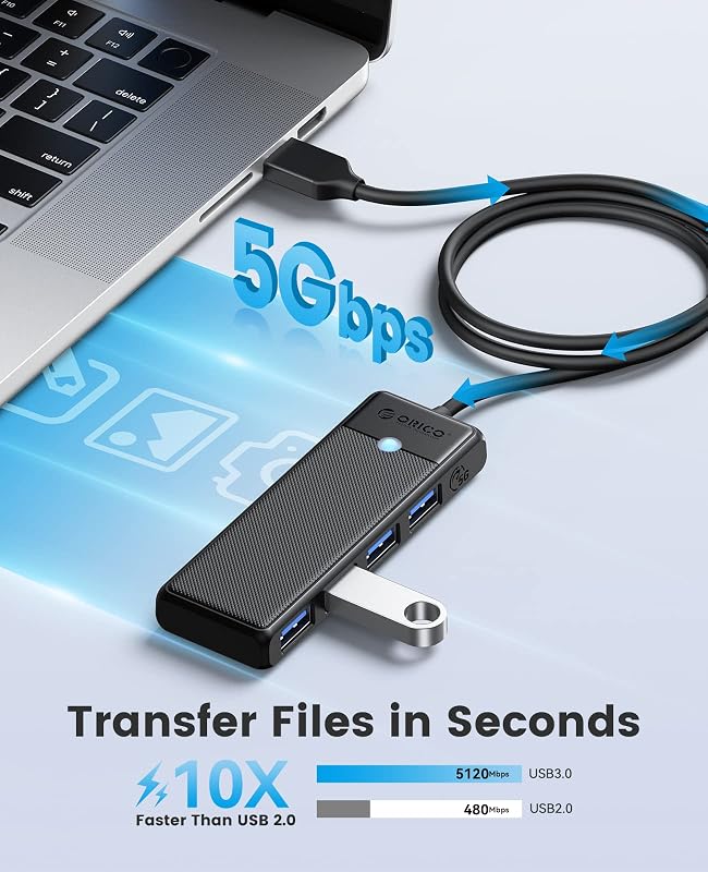 Hub USB 3.0, 4 Porte USB con Cavo Lungo 100 CM, Hub Dati Ultra Sottile Tipo A 5 Gbps, Adattatore Multiporta per MacBook, Mac Pro/Mini, Mobile HDD, Surface Pro, XPS, PS4/PS5, PC