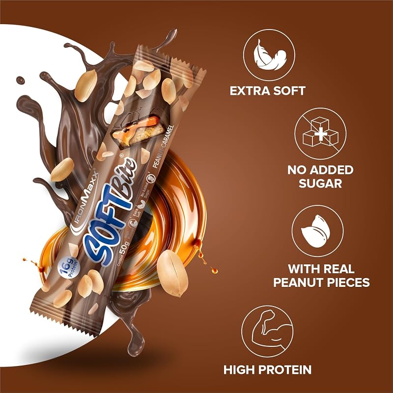 Barra de Proteína de Caramelo de Amendoim SoftBite, 12 × 50 g – Textura extra suave, rica em proteína e fibra, sem açúcares adicionados, ideal para consumo diário