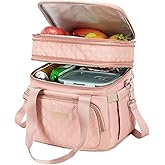 AIJIEKE Lunch Box Insulated Lunch Bag, Large Leakproof Double Deck Lunch Tote for Work, Double Layer, Adult Reusable, For Picnic, Beach, Meal Prep Dual Compartment Lunch Bags, Pink