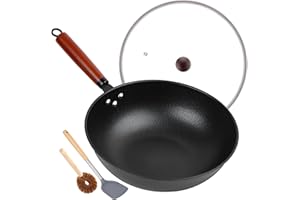 13" Nonstick Wok - Wok Pan with Glass Cover, Carbon Steel Woks & Stir-Fry Pans: Flat Bottom Chinese woks for Electric, Induct