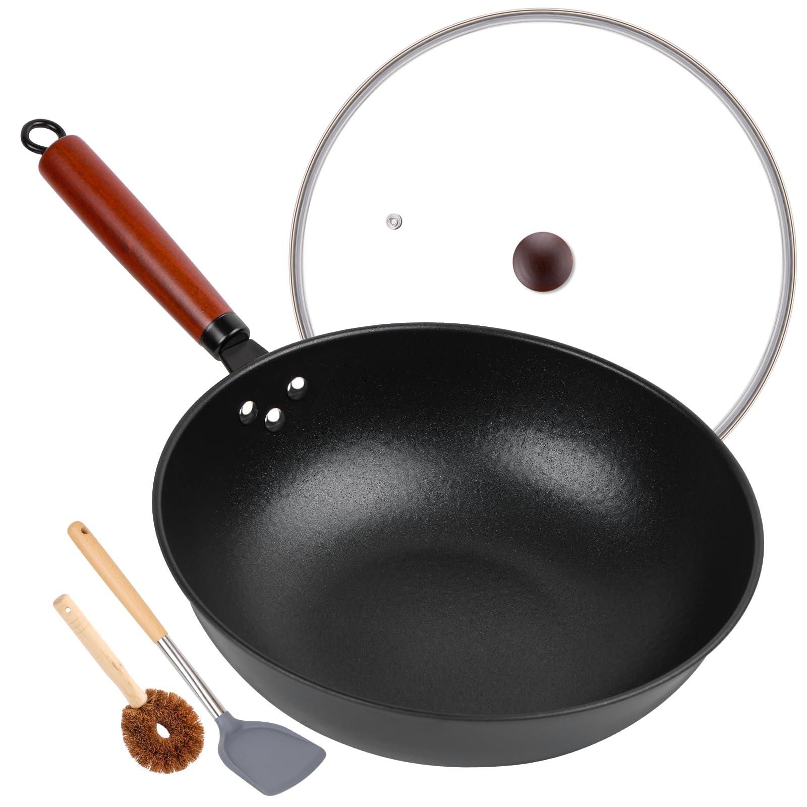 Photo 1 of 13" Nonstick Wok - Wok Pan with Glass Cover, Carbon Steel Woks & Stir-Fry Pans: Flat Bottom Chinese woks for Electric, Induction, Gas, All Stoves