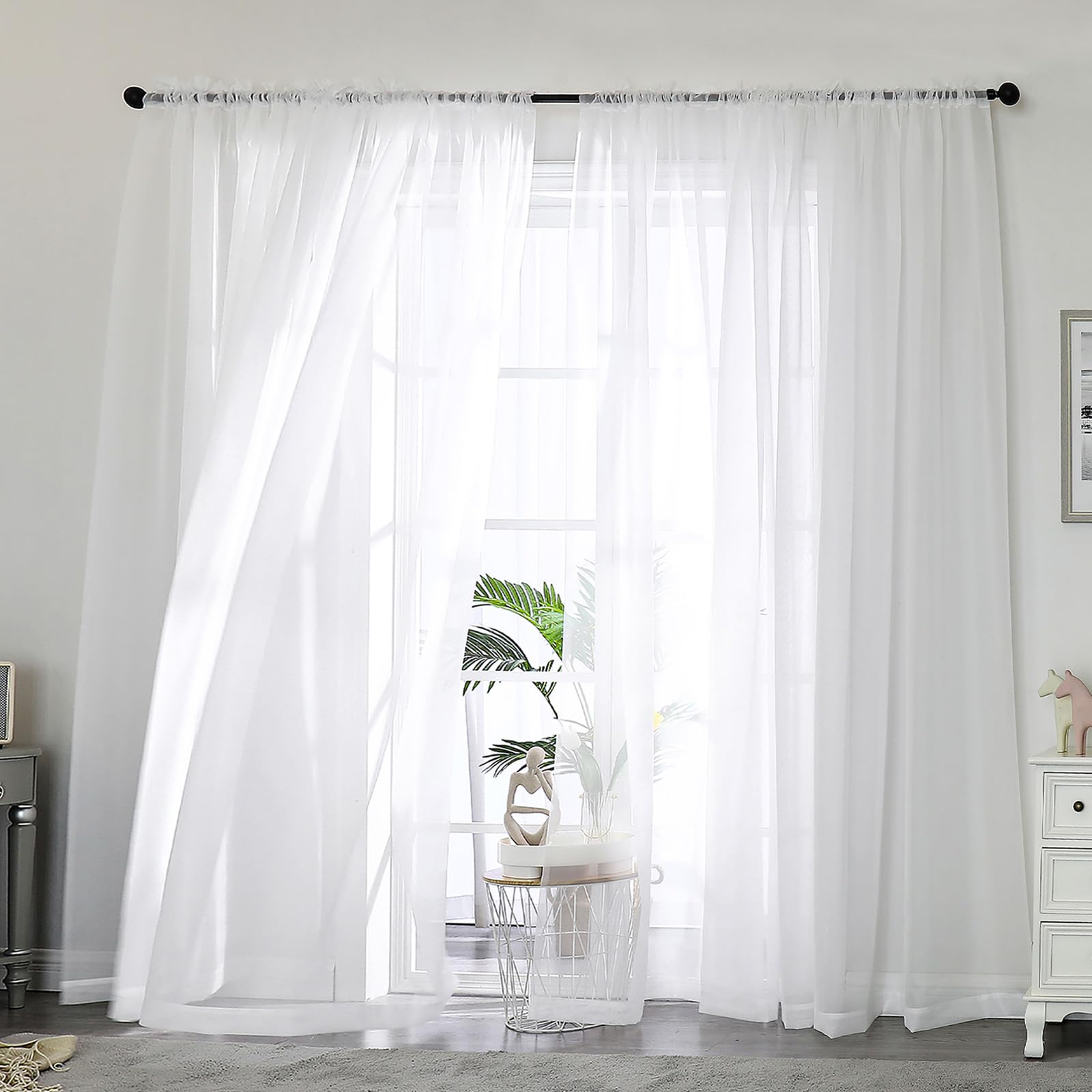 Photo 1 of OWENIE White Sheer Curtain 90 Inches Long 2 Panels Set, Solid Filmy Drapes for Living Room Bedroom, Elegant Window Voile Sheer Curtain Panels Drapes, 2 Pcs, Each 59W x 90L Inch