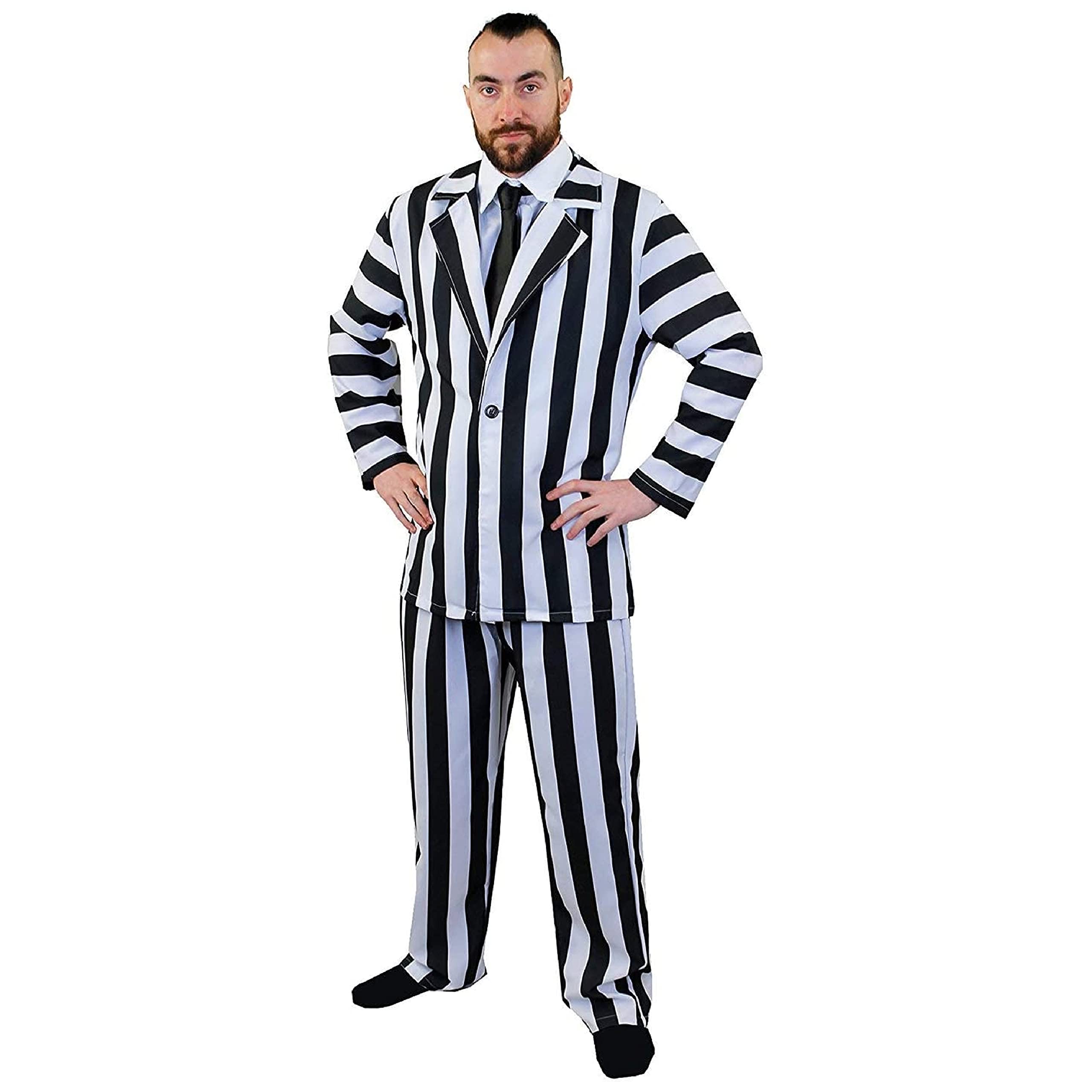 Mens Striped Suit Halloween Costume - Large - Black & White Striped Suit & Shirt Front, Black Tie - Adults Halloween Fancy Dress Costume