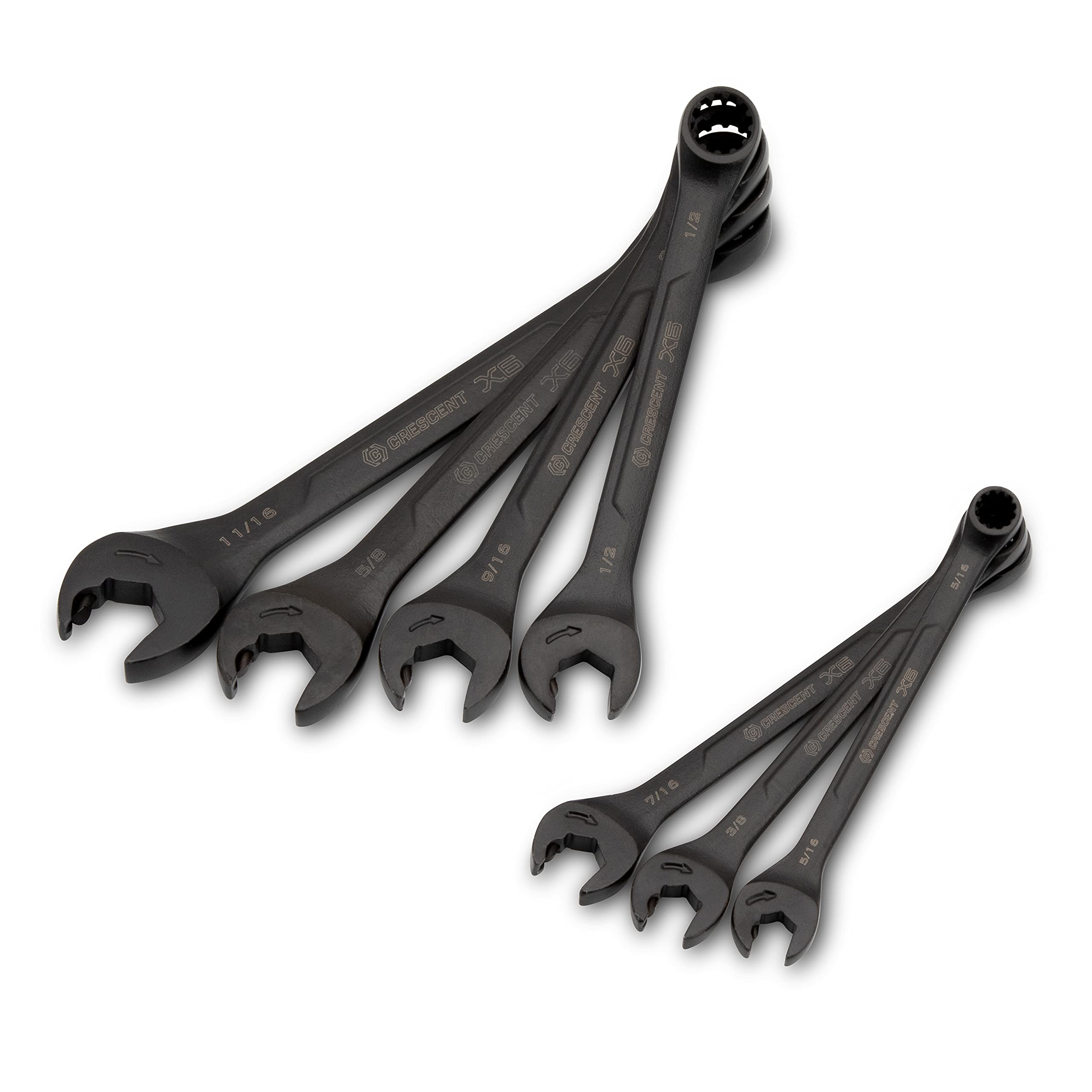 Crescent 7 Piece X6™ Black Oxide Spline Open End Ratcheting Combination SAE Wrench Set - CX6RWS7