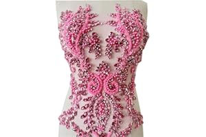 PLUNE Handmade Shiny Rhinestones Applique handsewing Beaded Sequins Crystal on lace Trim Patches for Prom Dress Clothing Decorative Accessories (Pink)