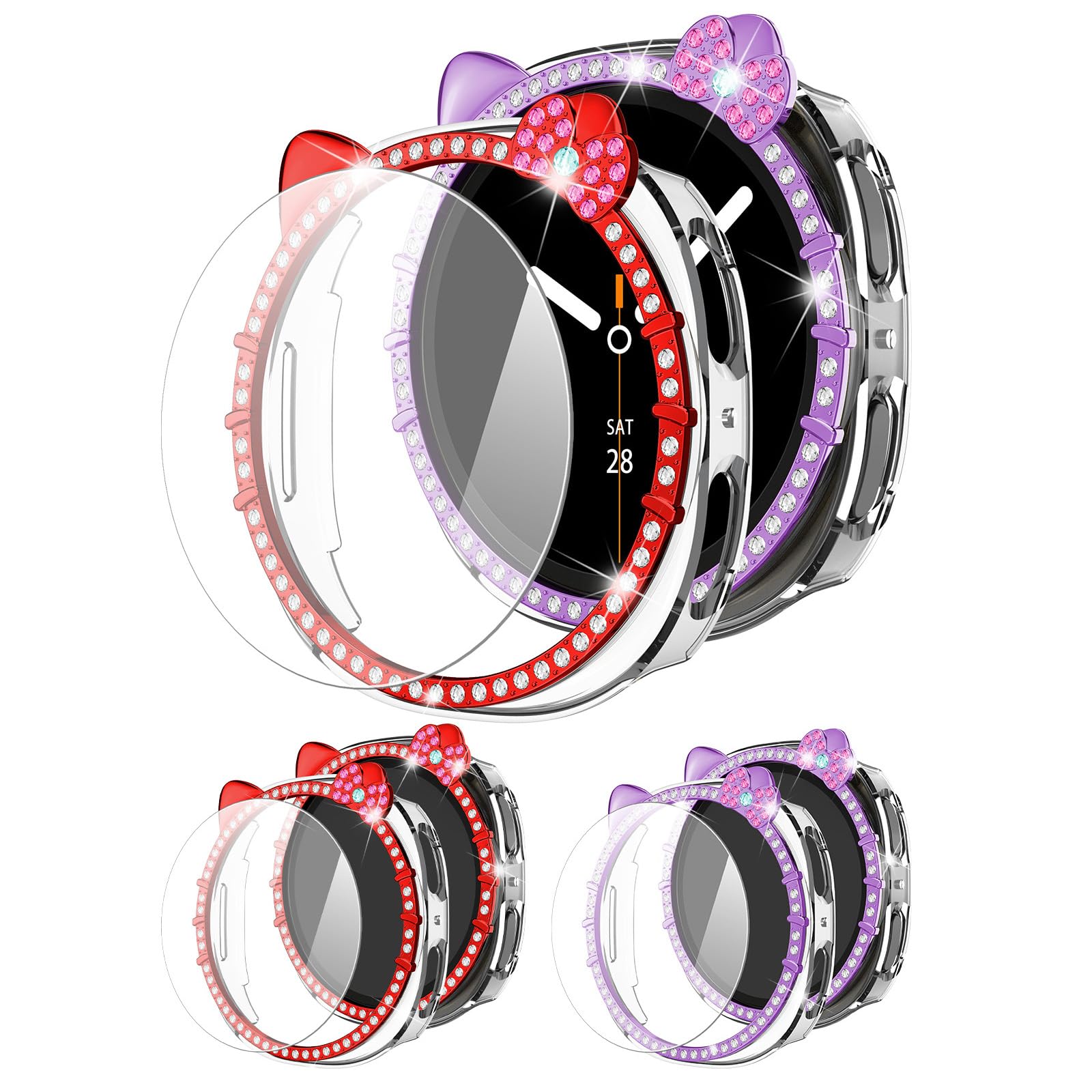 [2+2Pack Bling Diamond Case for Samsung Galaxy Watch 8 Screen Protector 44mm Cute Cat Women, Glitter Rhinestone Protective Hard PC Bumper Covers for Galaxy Watch 8 Case 44mm Cover Accessories