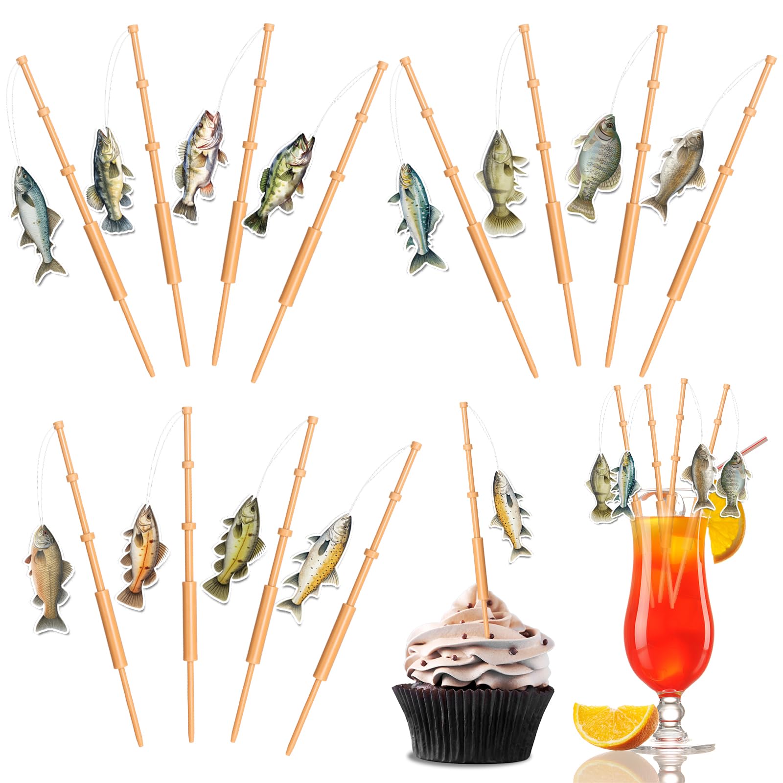 Photo 1 of 24Pcs Gone Fishing Mini Pole Picks Fish Rod Pole for Tropical Appetizer Pick Decoration Little Fisherman Cupcake Pole Picks Party Supplies Bulk for Fishing Birthday Party Drink Cake Decor