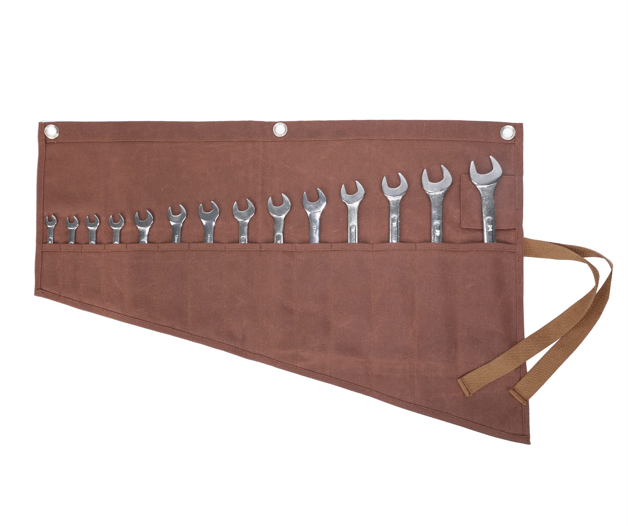 Roll Up Tool Bag, Multi-purpose Wrench Roll Pouch With Strap, Heavy Duty 16oz Waxed Canvas tool Organizer Bag,Durable and Waterproof (Brown)