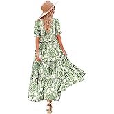 YESNO Summer Casual Bohemian Floral Dresses for Women Puff Short Sleeve Long Maxi Dress with Pockets ETX