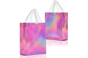 Nush Nush Pink Iridescent Gift Bags Medium Size – Set of 12 Holographic Pink Gift Bags With Handles - Reusable Goodie Bag for Bridal Shower Gifts, Birthday Party Favor, Baby Shower - 8x4x10