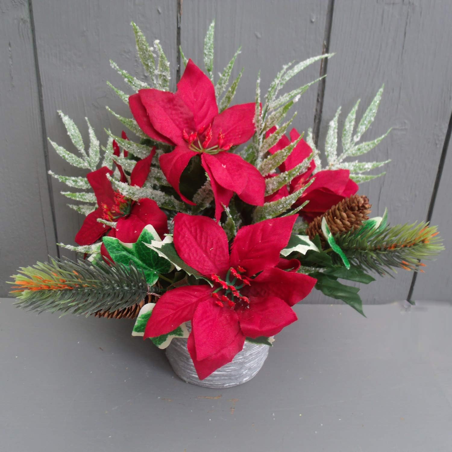Artificial Poinsettia and Foliage in Grey Pot - Christmas Floral Festive Arranagement