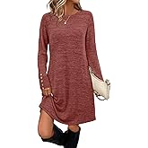 OFEEFAN Long Sleeve Dress for Women Crew Neck Tunic Dress with Pockets Decorative Buttons