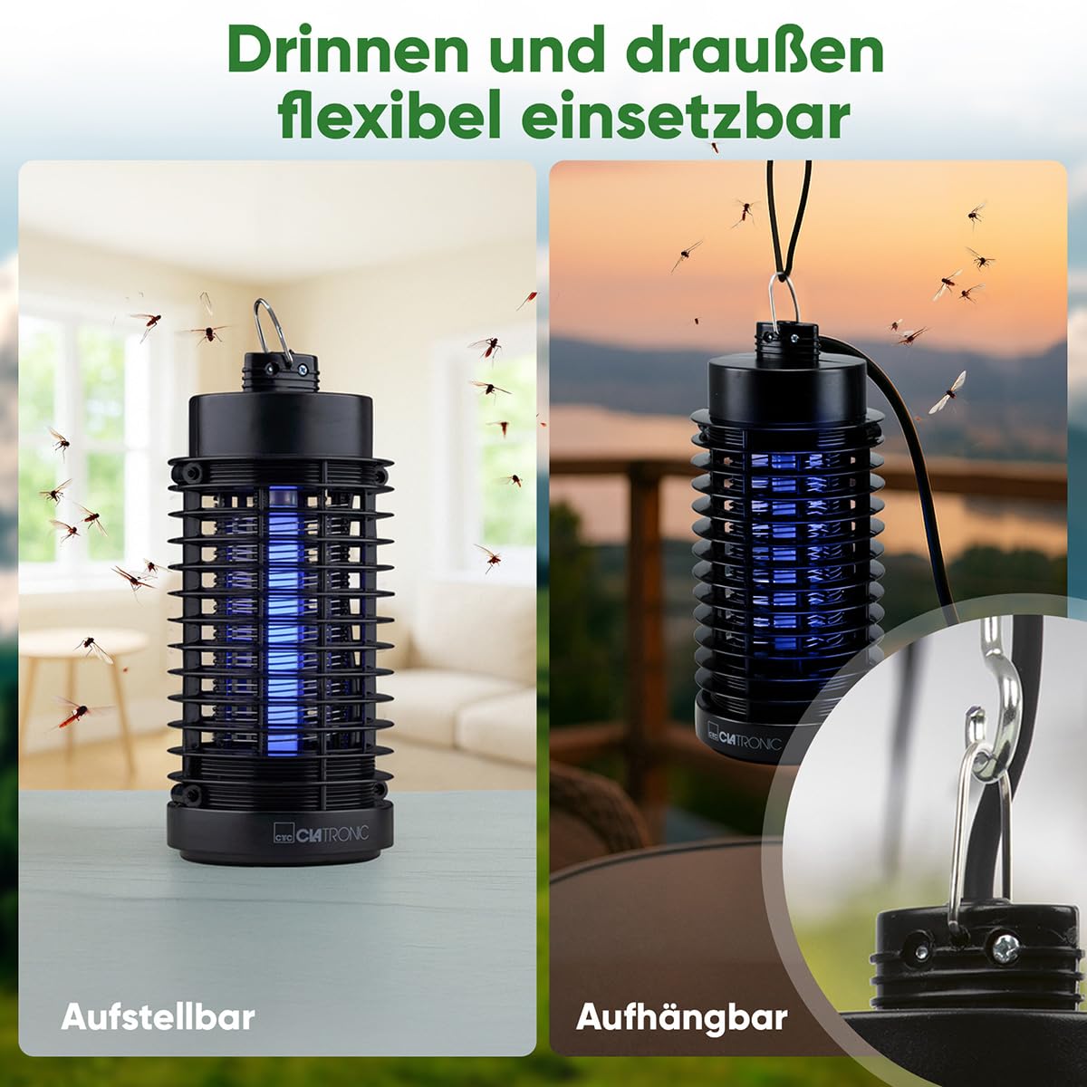 Clatronic® Insektenvernichter elektrisch | Mückenfalle Tag & Nacht | für bis zu 50qm | Mückenlampe ohne Chemie oder Duftstoffe | Fliegenfalle elektrisch inkl. Reinigungsbürste | Lichtfalle ISL 3823 4