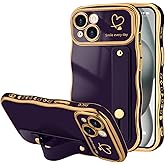 LLZ.COQUE for iPhone 15 Plus Case for Women Girls with Strap Wave Frame Cute Love-Heart Plating Bling Stand Cover Raised Full Camera Soft Silicone Protective Phone Case for iPhone 15 Plus, Dark Purple