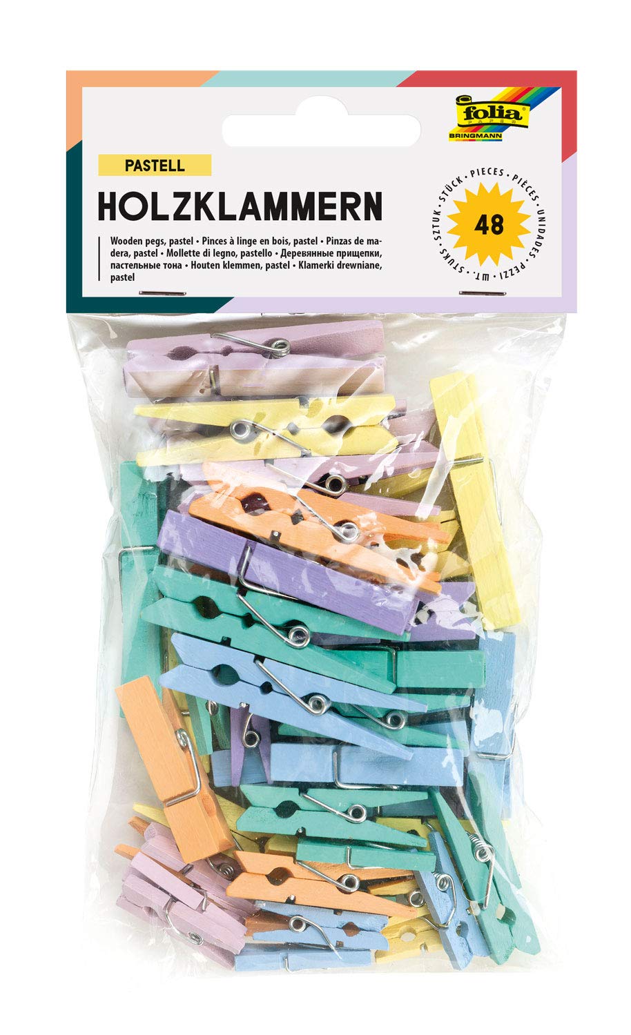 folia 2289 - Pastel Wooden Pegs - Pack of 48-3 Different Sizes and 6 Different Colours - Ideal for Attaching Notes, Pictures or Creative Work