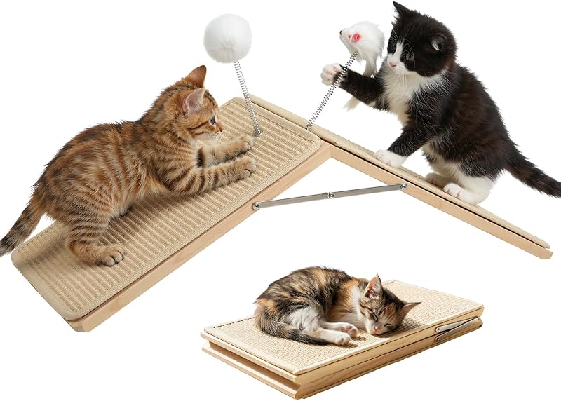 Kratzrampe für Katzen, Sisal Kratzbrett Holzrampe, Faltbares Dreieck Katzenkratzbrett mit 2 Federplüschspielzeugen, Möbel Schutz Kratzmatte für Mehrere Haustiere Innenraum Non-Slip