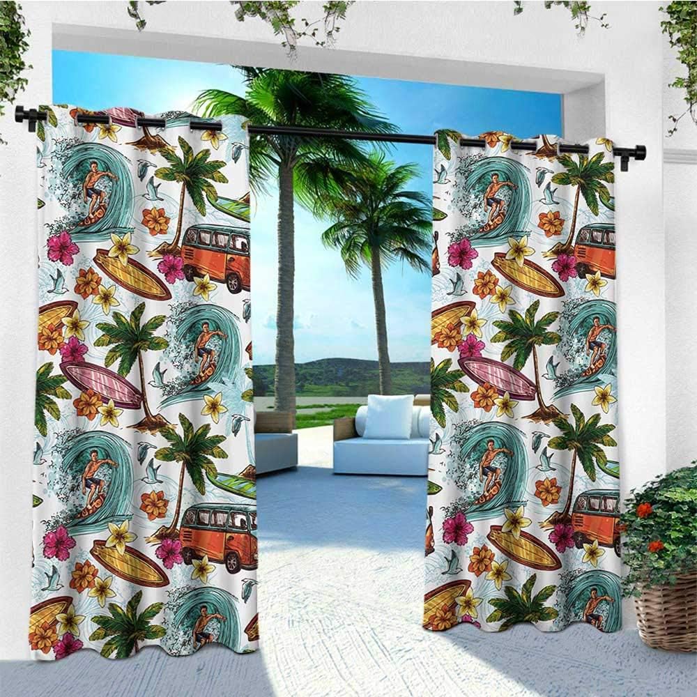 leinuoyi Ocean, Outdoor Patio Curtains, Hawaiian Surfer on Wavy Deep
