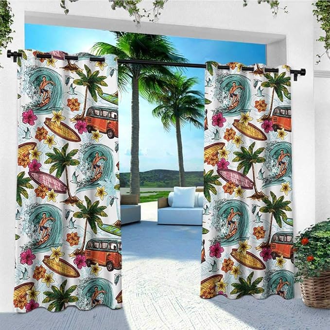 leinuoyi Ocean, Outdoor Patio Curtains, Hawaiian Surfer on Wavy Deep
