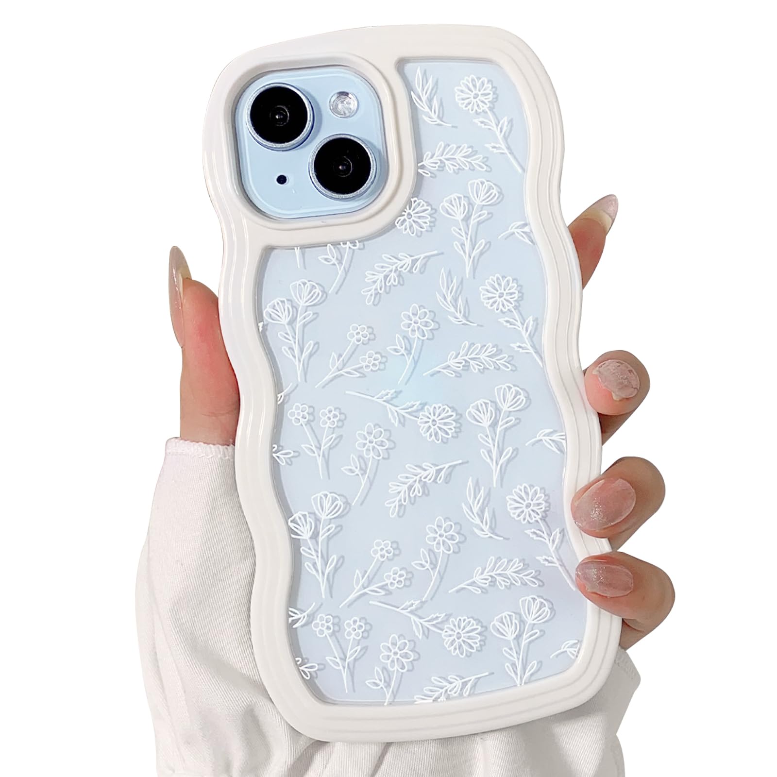 Photo 1 of NITITOP Compatible for iPhone 15 Case Cute Clear Flower Floral Curly Wave Frame Shape Wavy Shockproof Soft TPU 2 in 1 Protective Phone Cover for Women Girl - Flower