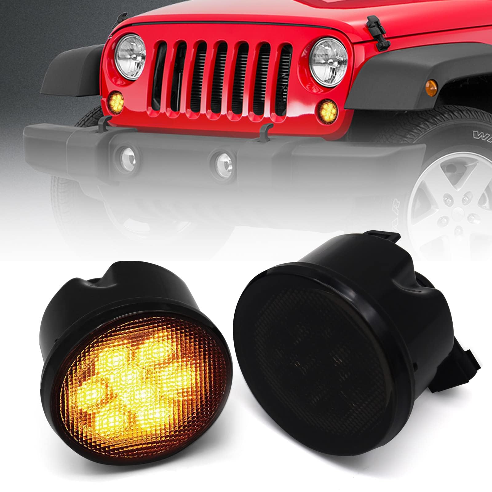 Photo 1 of DKMGHT Turn Signal Lights Smoked Lens for Jeep Wrangler 2007-2018 JK JKU Amber LED Front Blinkers Grill Indicator Parking Lamp (Honycomb Style)