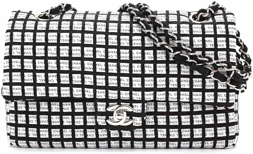 Amazon 未使用 展示品 シャネル Chanel ロゴ チェック柄 チェーン ショルダー バッグ 肩掛け キャンバス ブラック 黒 中古 Chanel ショルダーバッグ
