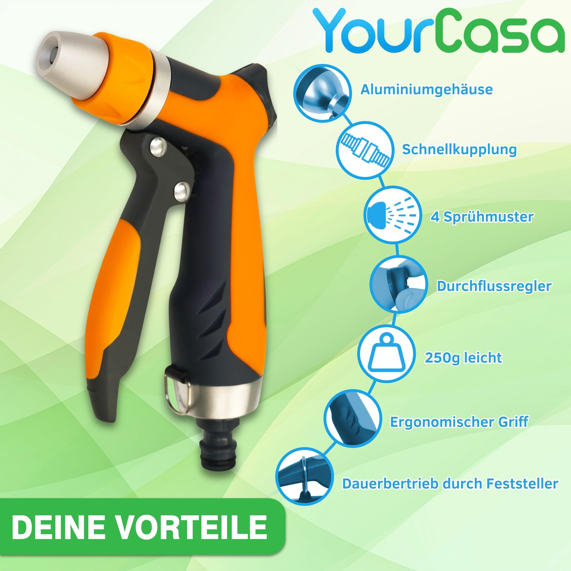 YourCasa Gartenbrause aus Aluminiumgehäuse - Gartenspritze verstellbaren Sprühmustern - Brause Spritze mit Gartenschlauch Aufsatz - Handbrause - Garten Wasserspritze Düse Reinigungsspritze (Orange) 2