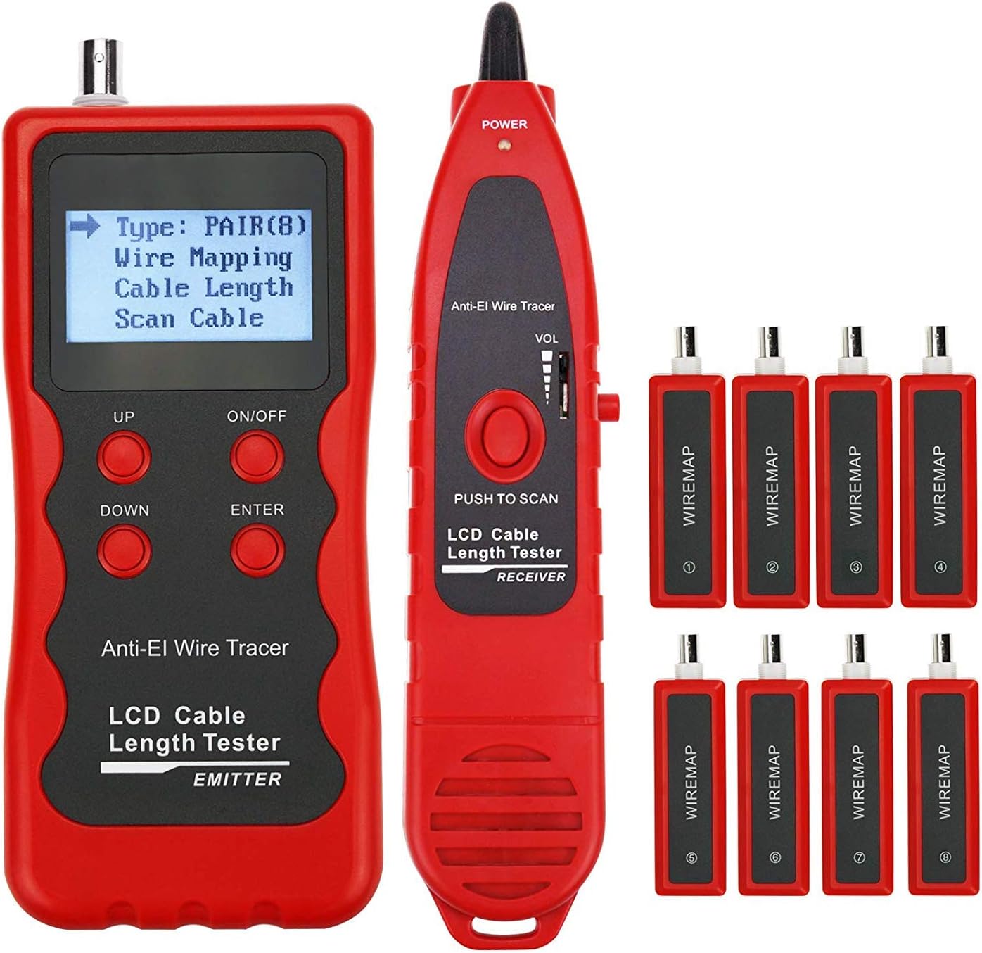 Kibeland Handhled Multi Function Cable Tester with 8 Remote Adaptor RJ45 RJ11 BNC USB Network Telephone Wire Tracker Cable Length Tester