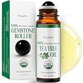 BodyJ4You Tea Tree Essential Oil Roll-On - Clarifying Skin Face Nails Care | Pure USDA Organic Pre-Diluted MCT - Purifying for Blemish Prone Oily Skin Face Nails Scalp - Gemstone Roller 10ml Travel