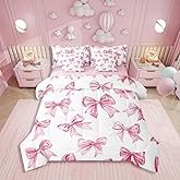 Erosebridal Kawaii Bowknot Girls Bed in A Bag with Sheets Dreamy Princess Style Twin Comforter Set 7 Piece for Kids Teen Women,Girly Cute Bow Bedding Set Pink Bow Tie Bed Set Bedroom Decor