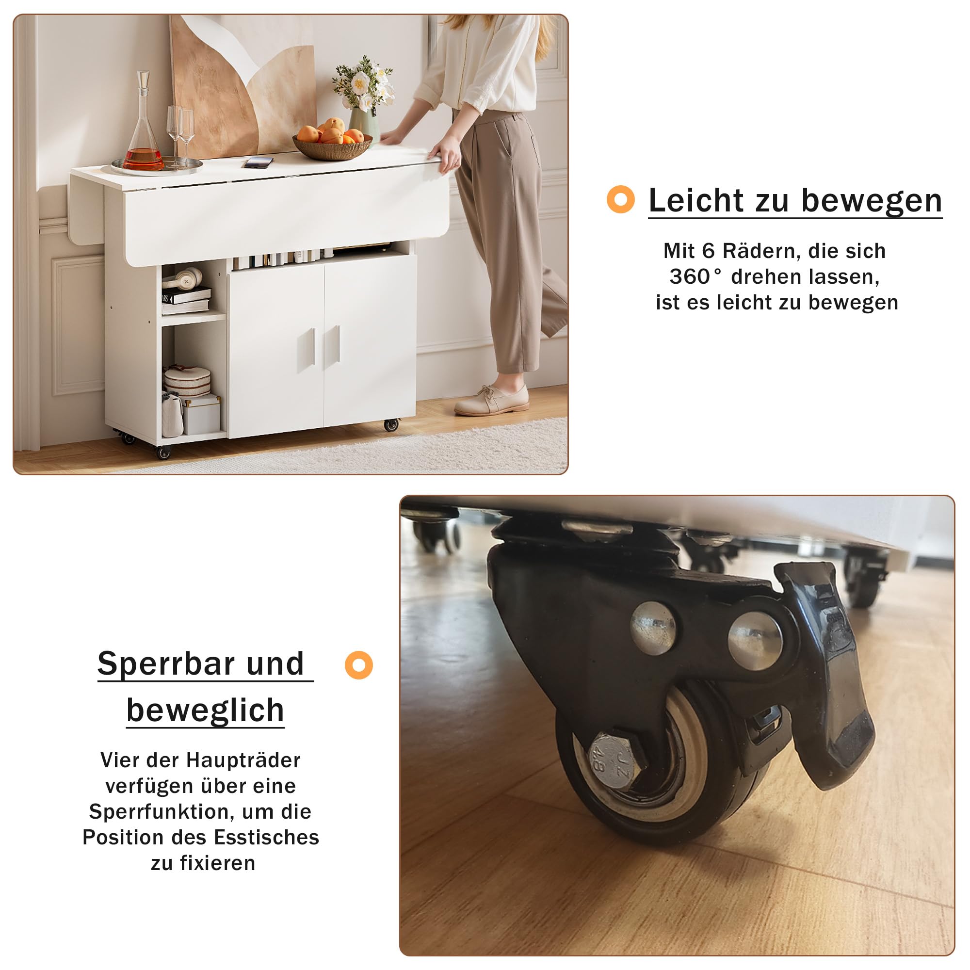 Ztexkee Mobiler Klapptisch Klappbarer Esstisch auf Rädern Klapptisch mit 1 großen Schrank und 3 offenen Fach Sideboard Mobiler Esstisch für kleine Räume Esszimmer Küche 100 x 70 x 79 cm Weiß 4