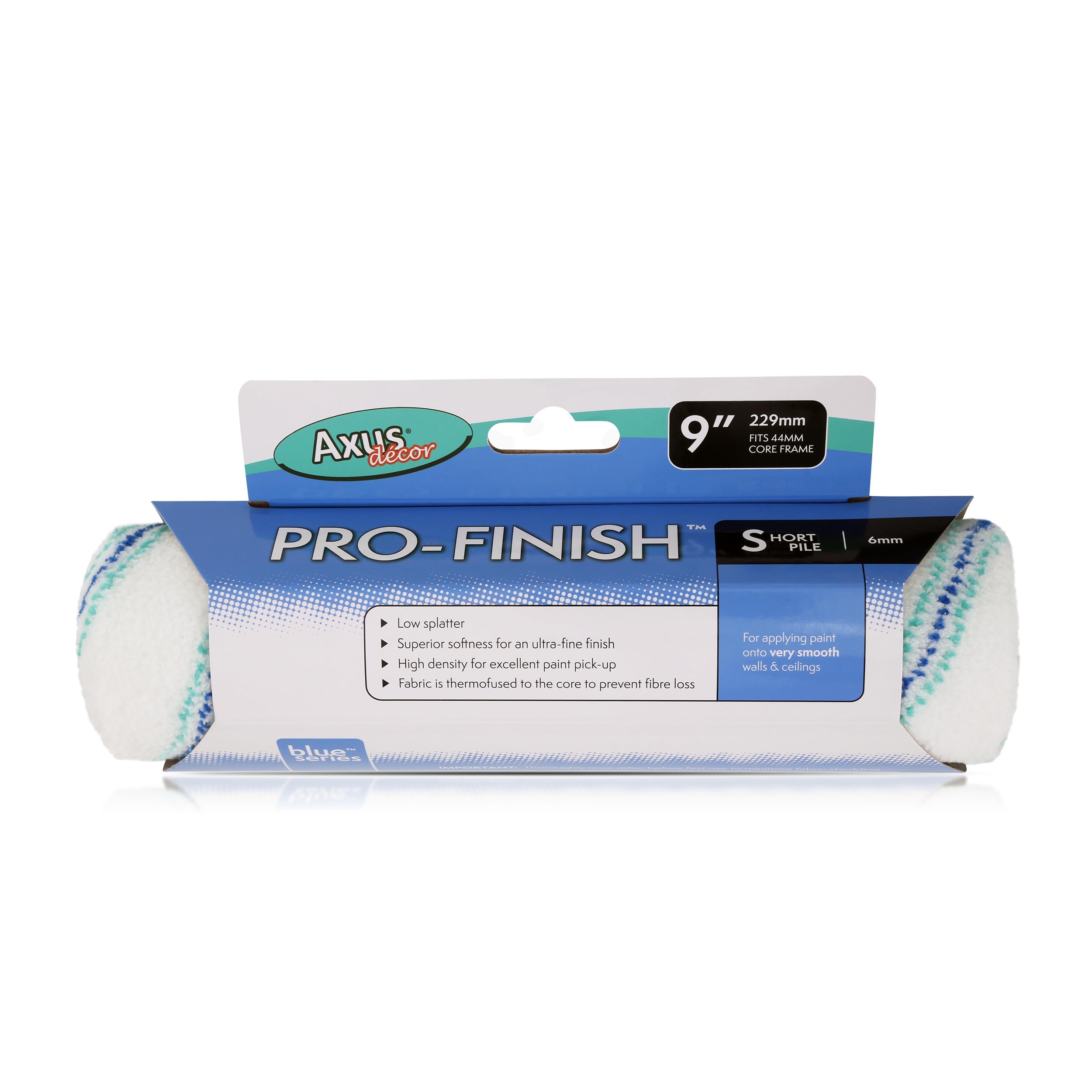 Axus Decor Pro-Finish Roller, Short Pile (Blue Series) For Professional & DIY Projects, Ideal for Newly Plastered or Smooth Walls & Ceilings, Sleeve Core Diameter 9"/230mm,44mm core
