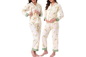 cheibear Womens Nursing Pajama Sets Postpartum Button Down Long Sleeve Pocket Labor Sleepwear Set for Breastfeeding
