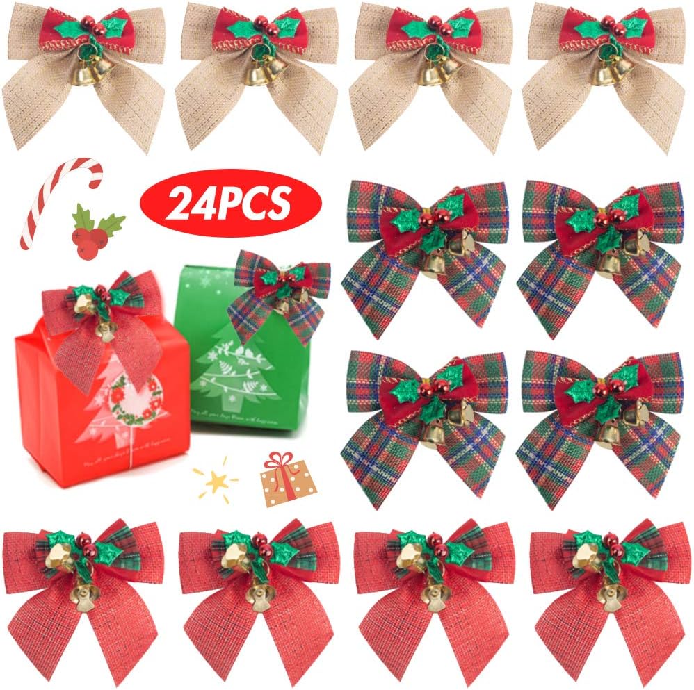 Bows & Ribbons - Christmas Bow, 24pcs Christmas Wreath Christmas Tree Decoration Gifts, with Iron Bells, 3.1 * 3.1 inch