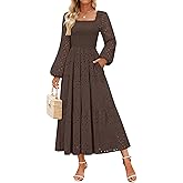 ZESICA Women's Spring Long Sleeve Maxi Dresses 2026 Square Neck Hollow Out Eyelet Smocked A Line Cocktail Party Dress