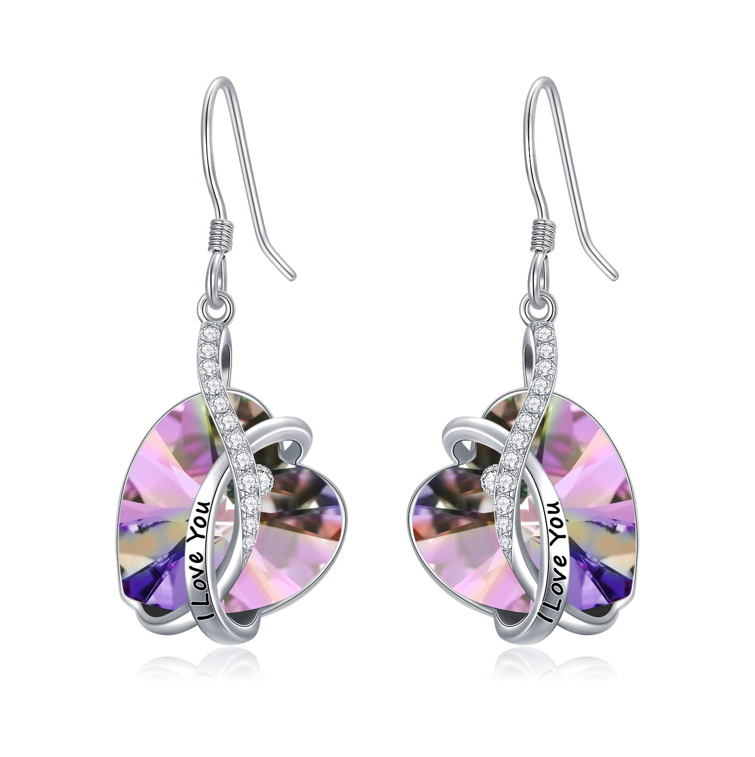 Heart Earrings Sterling Silver ''I Love You" Dangle Drop Earrings with Birthstone Crystals, Anniversary Birthday Valentine Gifts for Her Wife Mum Women (Purple)