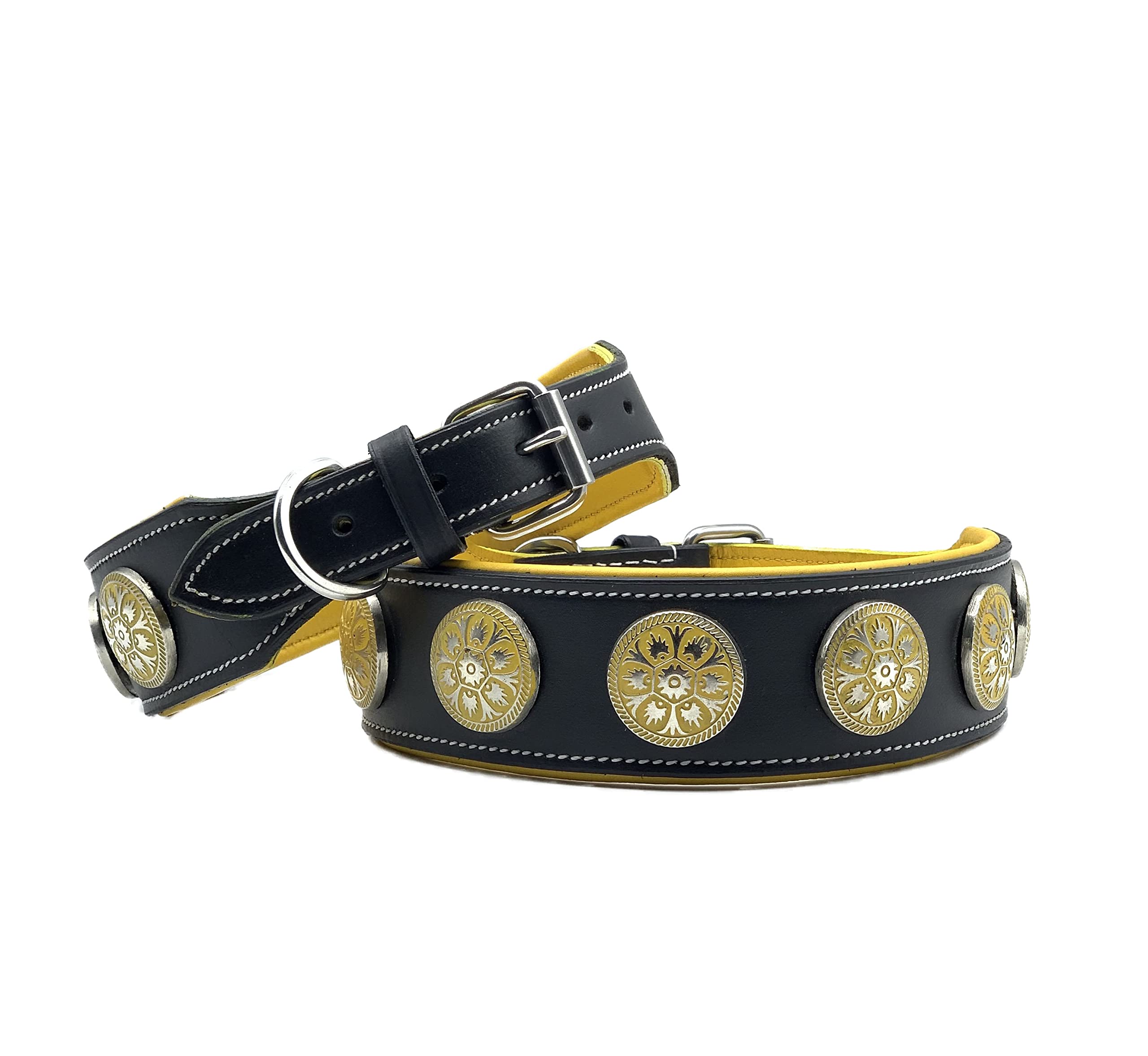 LEATHER COLLAR Studded Wide Dog Collar (Total Length 24'' Inches, Black With Yellow)