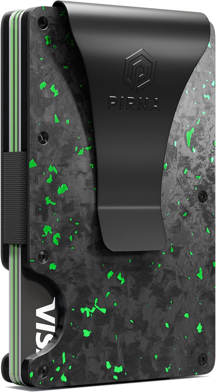 PIRNA Slim RFID Blocking Minimalist Card Wallet for Men, Thin Front Pocket Wallet with Money Clip, Real Forged Carbon Wallets for Men in UK with Gift Box - Green Carbon Forged