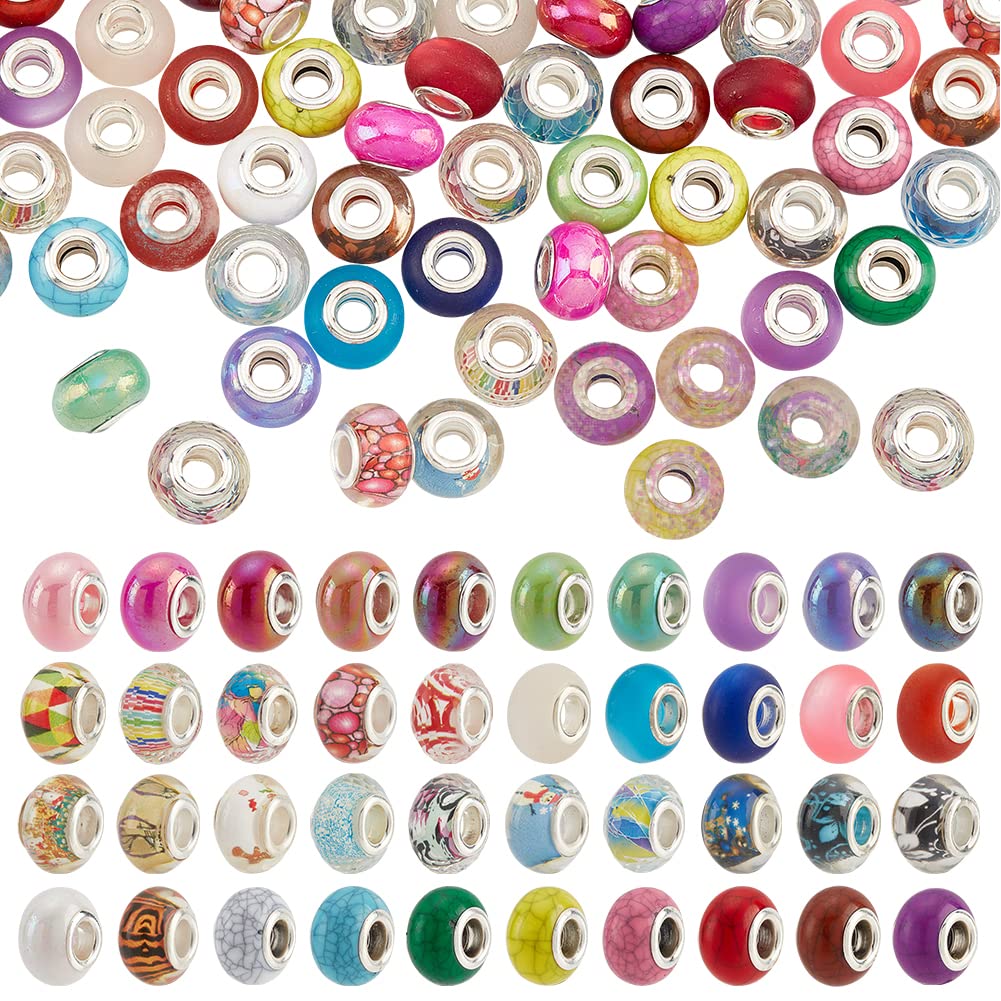 NBEADS 100 Pcs 5 Styles European Beads, 5 mm Large Hole Crackle Resin Rondelle Acrylic Imitation Turquoise Charms Beads for Bracelets Necklaces Jewelry Making